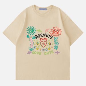 Colorful Cartoon Print Tee - Y2K Aesthetic Cute Top for Trendy Outfits and Fun Styles