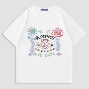 Colorful Cartoon Print Tee - Y2K Aesthetic Cute Top for Trendy Outfits and Fun Styles