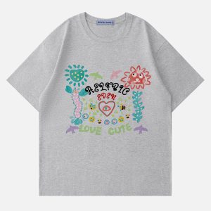 Colorful Cartoon Print Tee - Y2K Aesthetic Cute Top for Trendy Outfits and Fun Styles