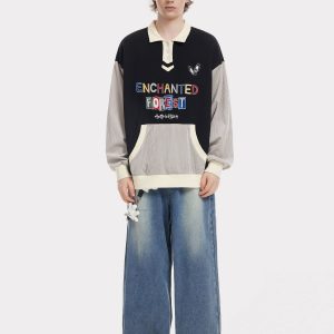 Colorful Embroidered Polo Sweatshirt - Y2K Aesthetic Comfy Top for Trendy Outfits