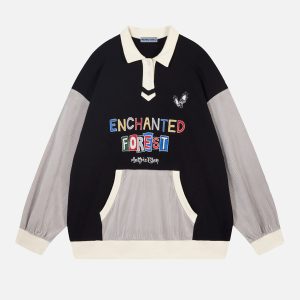 Colorful Embroidered Polo Sweatshirt - Y2K Aesthetic Comfy Top for Trendy Outfits