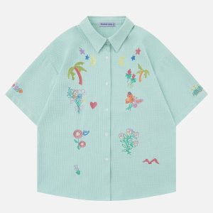 Colorful Embroidered Y2K Aesthetic Short Sleeve Shirt for Trendy Outfits