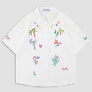 Colorful Embroidered Y2K Aesthetic Short Sleeve Shirt for Trendy Outfits