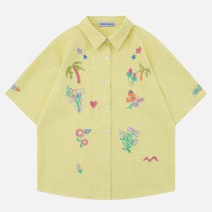 Colorful Embroidered Y2K Aesthetic Short Sleeve Shirt for Trendy Outfits