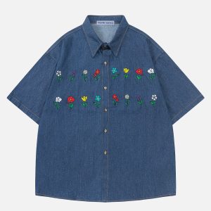 Colorful Floral Y2K Denim Short Sleeve Shirt for Trendy Aesthetic Outfits