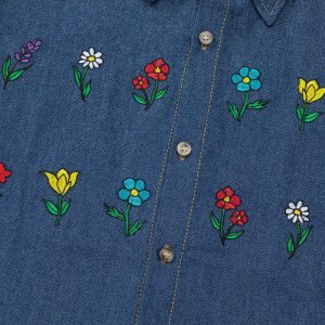 Colorful Floral Y2K Denim Short Sleeve Shirt for Trendy Aesthetic Outfits