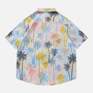 Colorful Palm Print Short Sleeve Shirt - Y2K Aesthetic Tropical Vibes Top for Summer