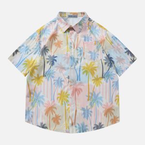 Colorful Palm Print Short Sleeve Shirt - Y2K Aesthetic Tropical Vibes Top for Summer