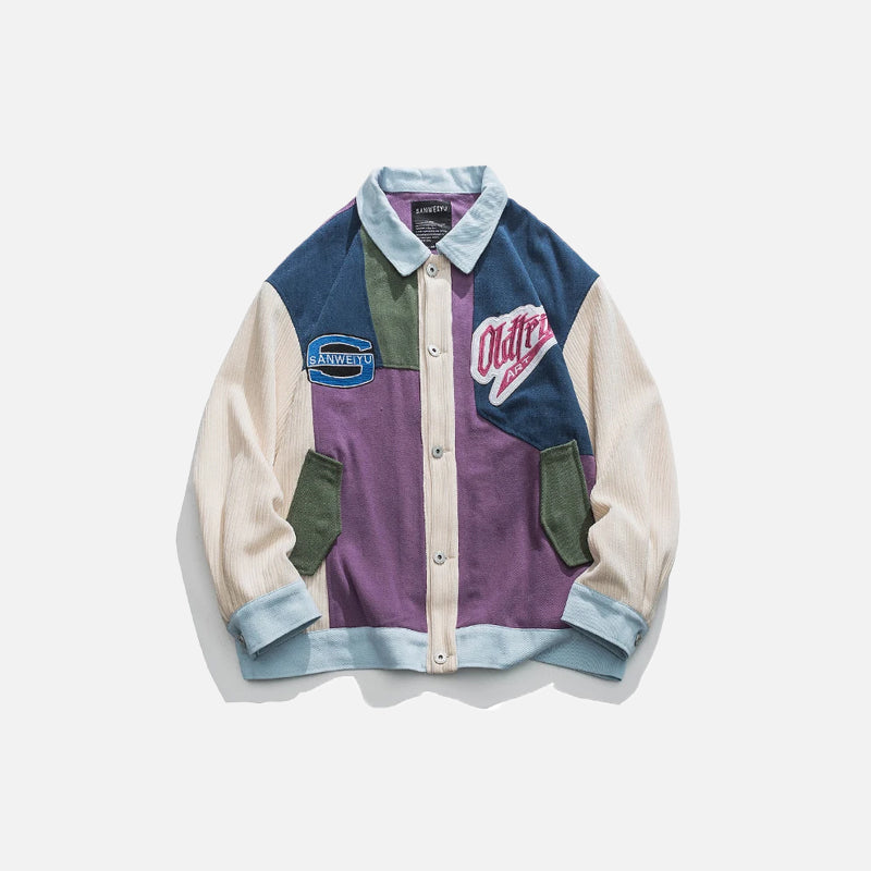 Colorful Patchwork Retro Y2K Varsity Jacket for Trendy Aesthetic Outfits