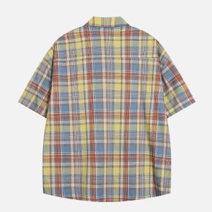 Colorful Plaid Y2K Short Sleeve Shirt - Trendy Coquette Aesthetic Top for Stylish Outfits