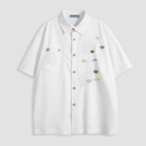 Colorful Y2K Aesthetic Button-Up Short Sleeve Shirt for Trendy Outfits