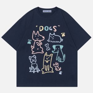 Colorful Y2K Dog Print Tee - Cute Graphic Top for Aesthetic Outfits and Casual Wear