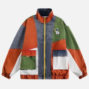 Colorful Y2K Patchwork Jacket - Trendy Grunge Aesthetic Outerwear for Unique Style