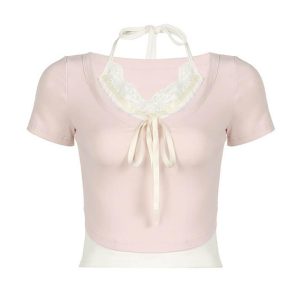 Contrast Lace Patchwork Tie Crop Top - Y2K Aesthetic Cute Top for Coquette and Grunge Styles