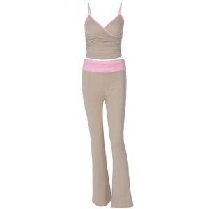 Contrast Trim Cami Top & Ruched Flare Pants Set - Y2K Aesthetic Outfit for Trendy Looks