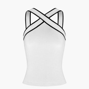 Contrast Trim Strap Knit Top - Y2K Aesthetic Cute Crop Top for Coquette and Grunge Styles