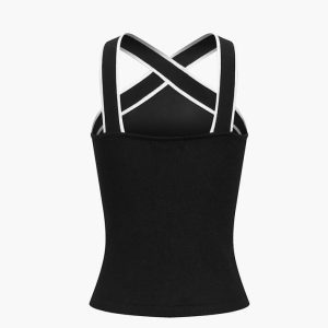 Contrast Trim Strap Knit Top - Y2K Aesthetic Cute Crop Top for Coquette and Grunge Styles