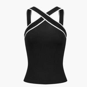 Contrast Trim Strap Knit Top - Y2K Aesthetic Cute Crop Top for Coquette and Grunge Styles