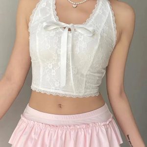 Coquette Aesthetic Bow Halter Neck Top for Y2K Fashion Lovers