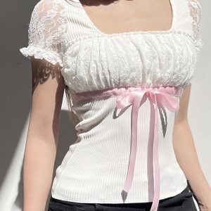 Coquette Aesthetic Bow Lace Patchwork Bubble Sleeve Top for Y2K Fashion Lovers