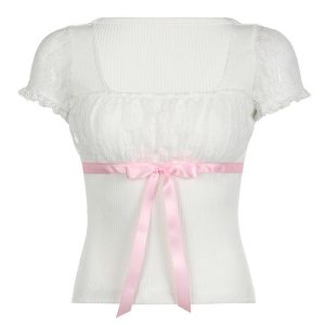 Coquette Aesthetic Bow Lace Patchwork Bubble Sleeve Top for Y2K Fashion Lovers