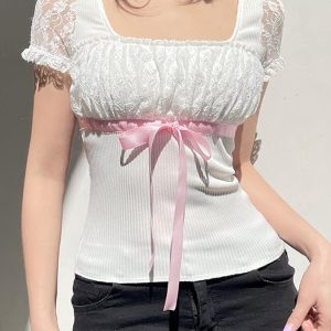 Coquette Aesthetic Bow Lace Patchwork Bubble Sleeve Top for Y2K Fashion Lovers