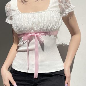 Coquette Aesthetic Bow Lace Patchwork Bubble Sleeve Top for Y2K Fashion Lovers