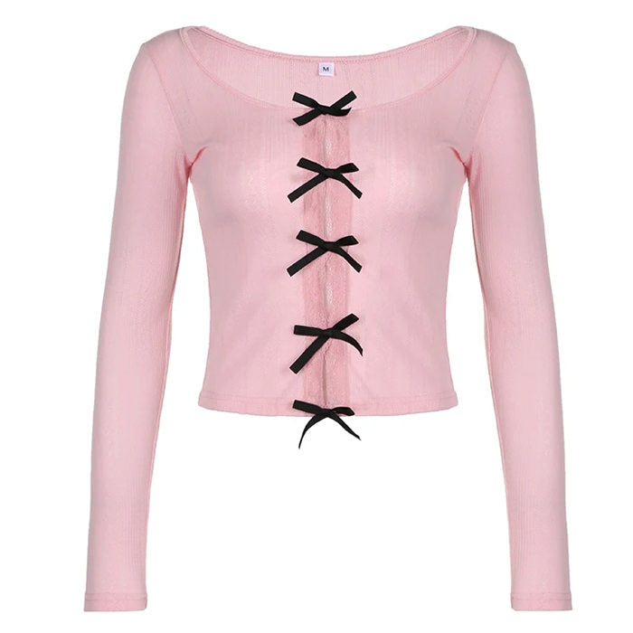 Coquette Aesthetic Bow Long Sleeve Split Top for Y2K Fashion Lovers