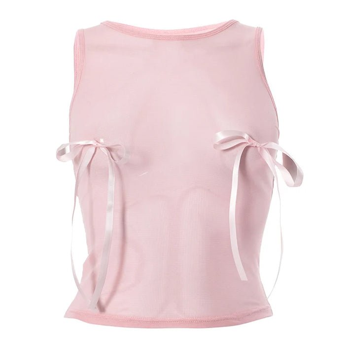 Coquette Aesthetic Bow Mesh Crop Top for Y2K Fashion and Cute Outfits