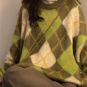 Coquette Aesthetic Green Argyle Sweater - Y2K Fashion Cute Knit Top for Stylish Outfits