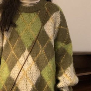 Coquette Aesthetic Green Argyle Sweater - Y2K Fashion Cute Knit Top for Stylish Outfits