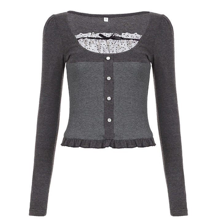 Coquette Aesthetic Grey Long Sleeve Top - Y2K Fashion Cute Crop Top for Stylish Outfits