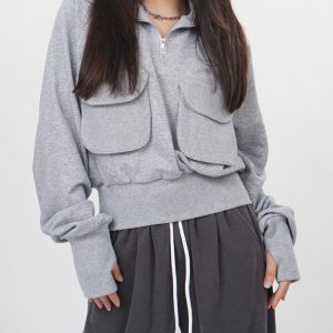 Coquette Aesthetic Grey Zip Up Sweatshirt with Front Pockets for Y2K Fashion Lovers