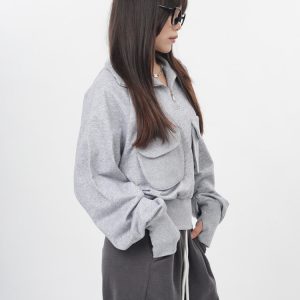 Coquette Aesthetic Grey Zip Up Sweatshirt with Front Pockets for Y2K Fashion Lovers