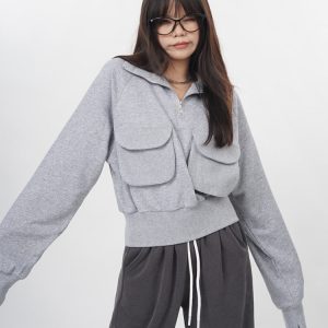 Coquette Aesthetic Grey Zip Up Sweatshirt with Front Pockets for Y2K Fashion Lovers