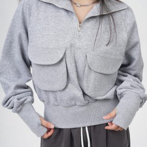 Coquette Aesthetic Grey Zip Up Sweatshirt with Front Pockets for Y2K Fashion Lovers