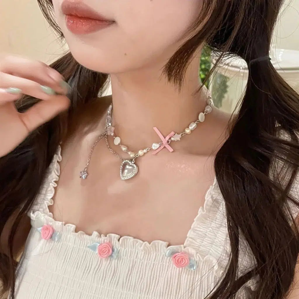 Coquette Aesthetic Heart Pearl Beaded Necklace for Cute and Elegant Outfits