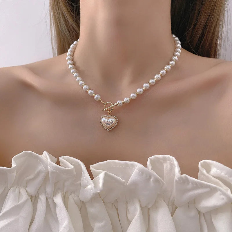 Coquette Aesthetic Heart Pearl Necklace - Elegant Charm for Y2K and Soft Girl Styles