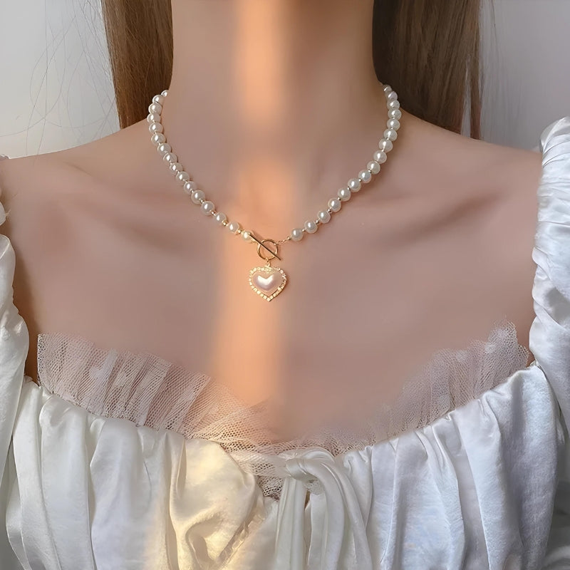 Coquette Aesthetic Heart Pearl Necklace - Elegant Charm for Y2K and Soft Girl Styles