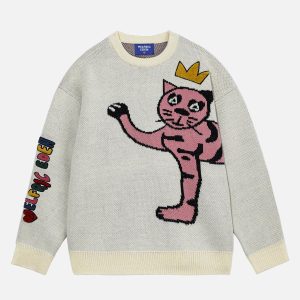 Coquette Aesthetic Jacquard Cat Sweater - Cute and Comfy Y2K Style for Cat Lovers