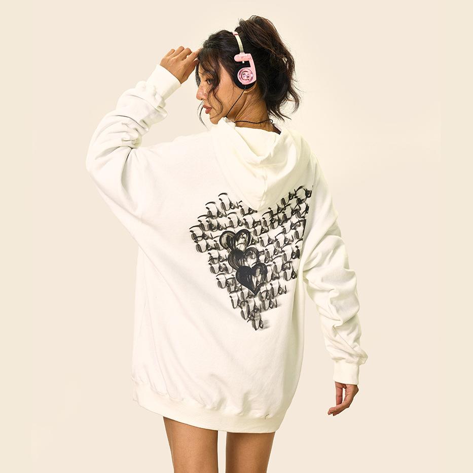 Coquette Aesthetic Loose Cursive Love Heart Hoodie - Y2K Fashion Comfy Top