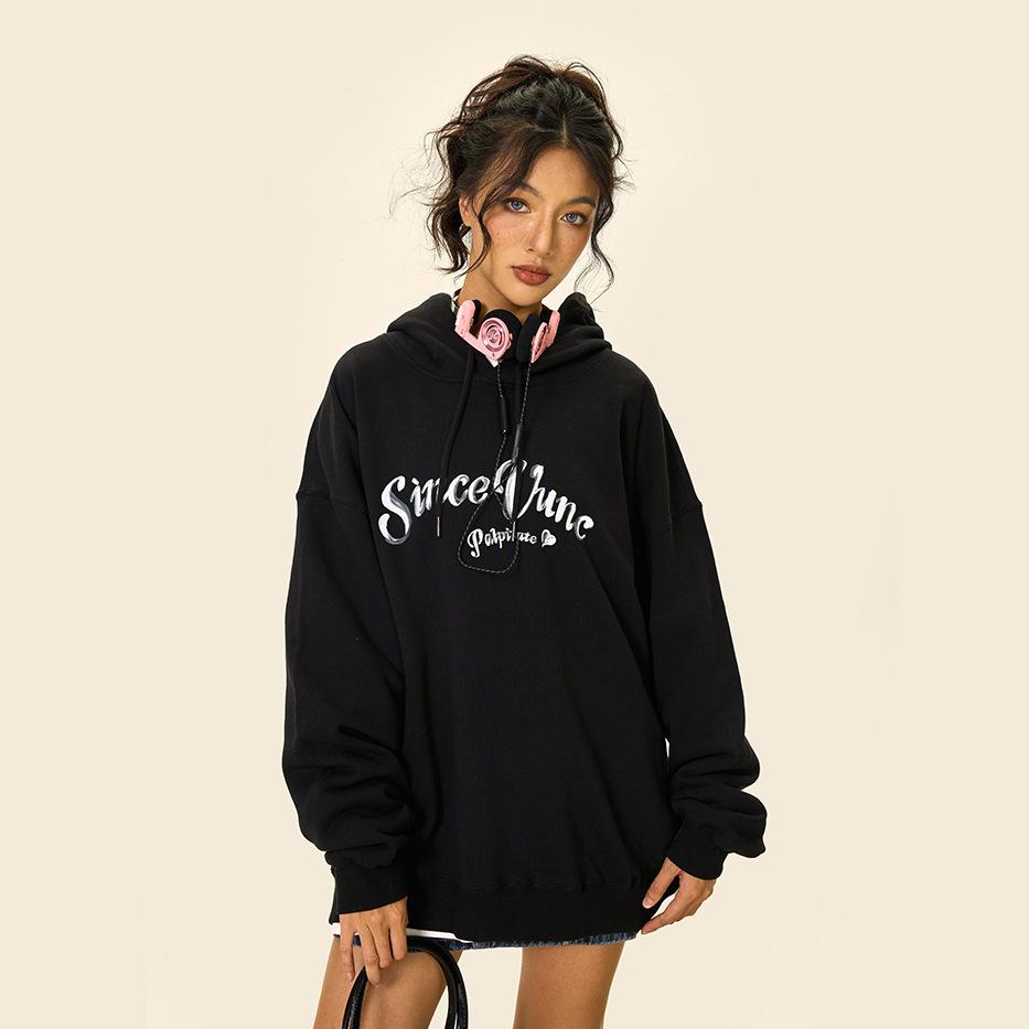 Coquette Aesthetic Loose Cursive Love Heart Hoodie - Y2K Fashion Comfy Top