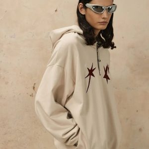 Coquette Aesthetic Loose Star Embroidery Hoodie - Y2K Fashion Comfy Top for Cute Outfits