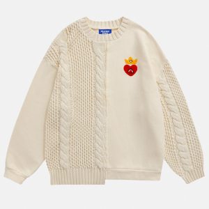 Coquette Aesthetic Patchwork Embroidery Heart Sweater - Y2K Fashion Cute Top