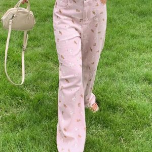 Coquette Aesthetic Pink Bear Print Boyfriend Jeans for Y2K Fashion Lovers