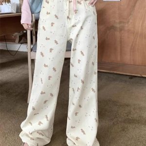 Coquette Aesthetic Pink Bear Print Boyfriend Jeans for Y2K Fashion Lovers