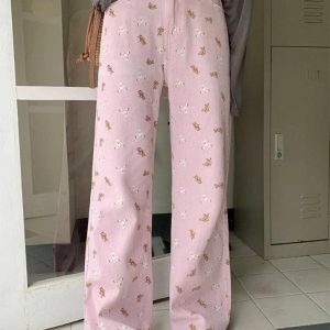 Coquette Aesthetic Pink Bear Print Boyfriend Jeans for Y2K Fashion Lovers