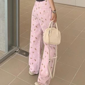 Coquette Aesthetic Pink Bear Print Boyfriend Jeans for Y2K Fashion Lovers