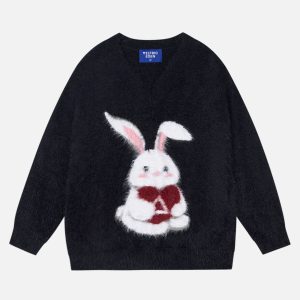 Coquette Aesthetic Rabbit Jacquard V-Neck Sweater - Y2K Fashion Cute Knit Top