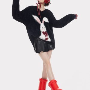 Coquette Aesthetic Rabbit Jacquard V-Neck Sweater - Y2K Fashion Cute Knit Top